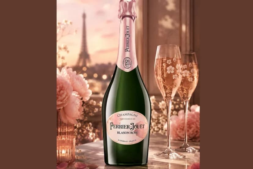 Flasche Perrier-Jouët Blason Rosé mit zwei Gläsern Rosé, Champagner zum romantischen Abendessen in Marbella
