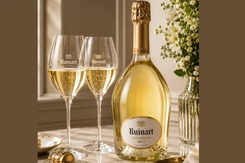 Botella de champán Ruinart con dos copas, de la carta de vinos de un restaurante de marisco en Puerto Banús