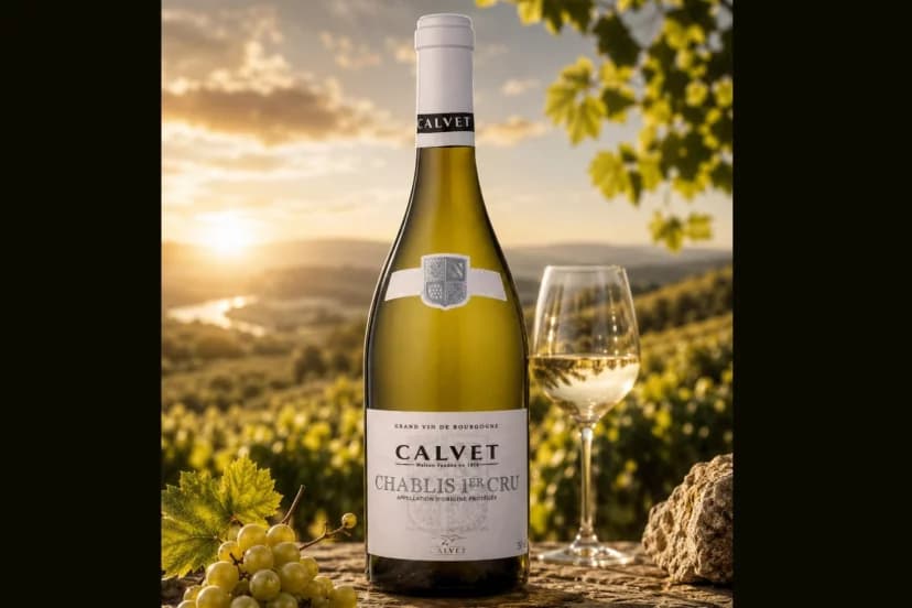 Botella de Chablis 1er Cru de Calvet con una copa de blanco, de la carta de vinos de una marisquería en Marbella
