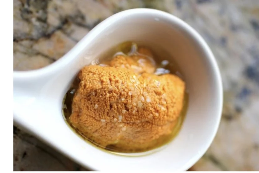 Coral naranja de erizo de mar en una cuchara de porcelana blanca con aceite de oliva, erizo de mar en Puerto Banus