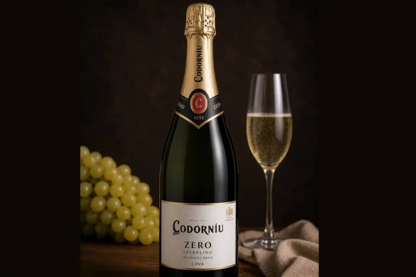 Alkoholfreier Schaumwein Codorníu Zero mit gefülltem Glas, auf der Getränkekarte eines Restaurants in Puerto Banús