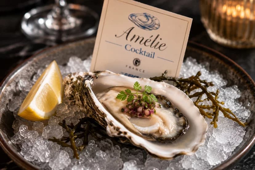 Ostra Amélie Cocktail con chalota picada sobre hielo, restaurante de marisco en Puerto Banús