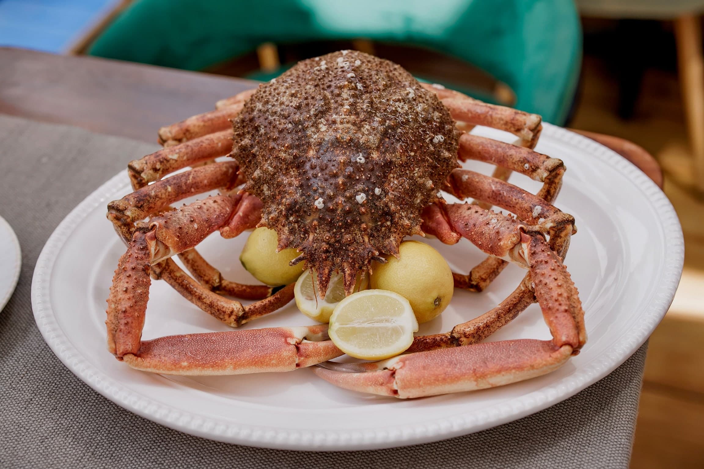 Araignée de mer servie avec citron et pommes de terre chez DioGo's, restaurant de fruits de mer à Marbella